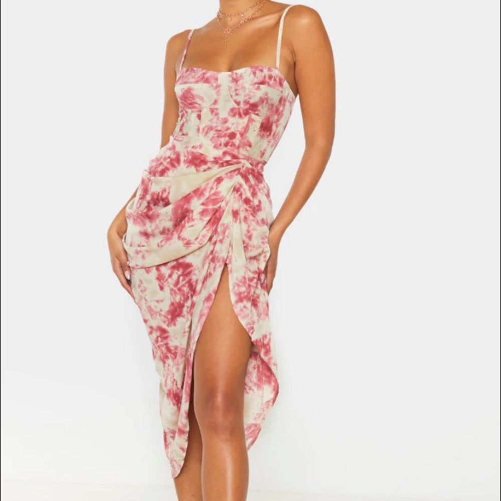 Fuchsia tye die print corset top and ruched skirt